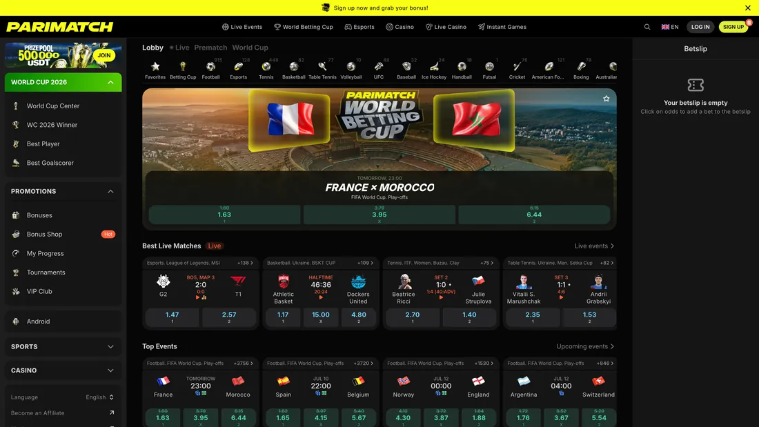 Interfaz de apuestas deportivas de Parimatch con eventos en vivo y cuotas